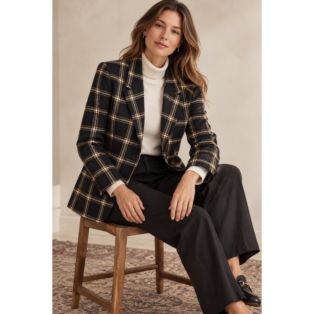 Pendleton Miss Sophisticates Plaid Blazer Jacket Women Size 14 Black Yellow